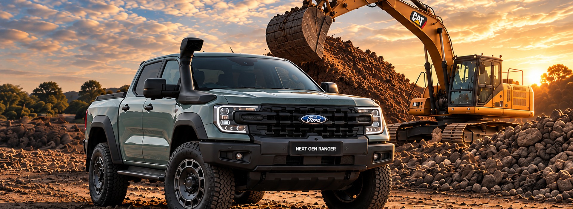 Ford Ranger and CAT excavator on an Australian worksite at sunset